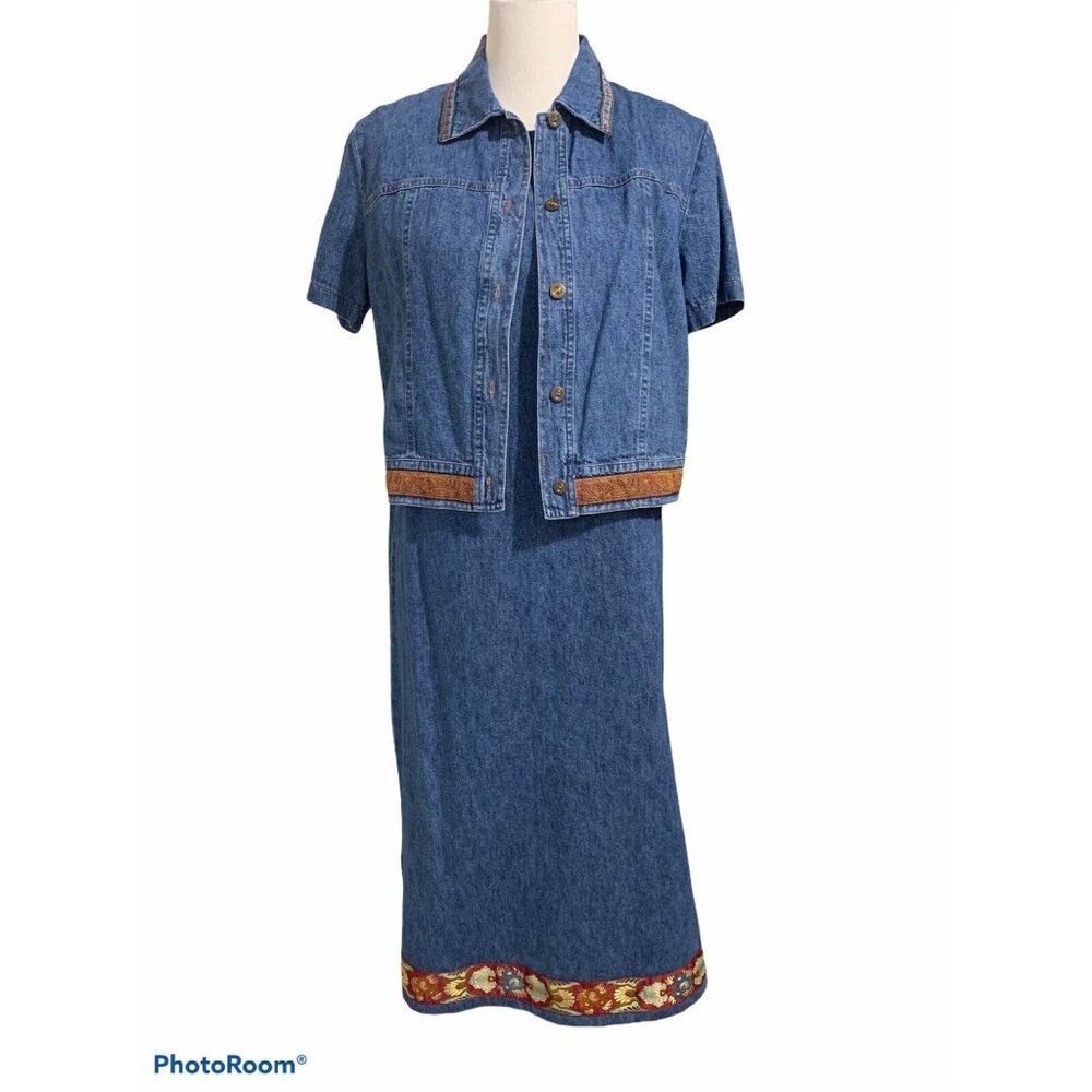 Prairie Womens Denim 2 Pc Embroidered Sleeveless Dress& Jacket SZ 8 Cottagecore‎